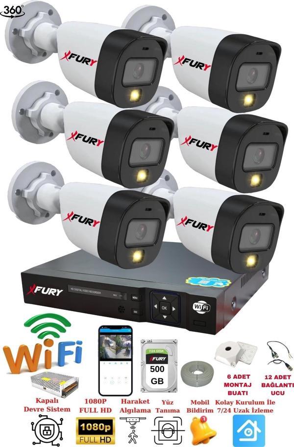 FURY 6 Kameralı Gece Renkli 1080P 2Mp Görüntü Full Hd Ultra Led Gece Renkli Güvenlik Kamerası Seti 500GB - Image 1