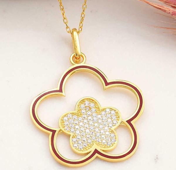 himarry ​925 Ayar Gümüş Gold Çiçek Desenli Kadın Kolye - Image 1