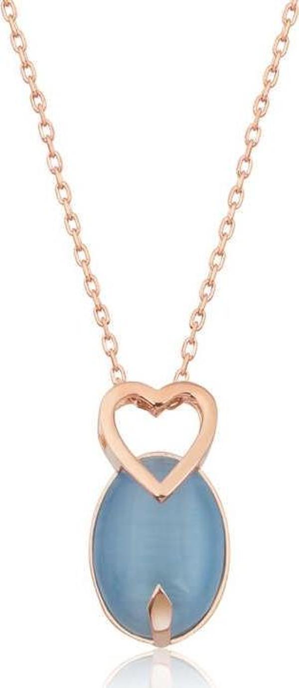 himarry 925 Ayar ​Gümüş Mavi Kedi Gözü Taşlı Kalp Kolye - Image 1