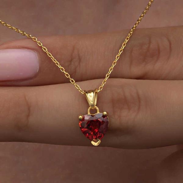 himarry 925 Ayar Gümüş Gold Kırmızı Taşlı Kalpli Kadın Kolye - Image 1