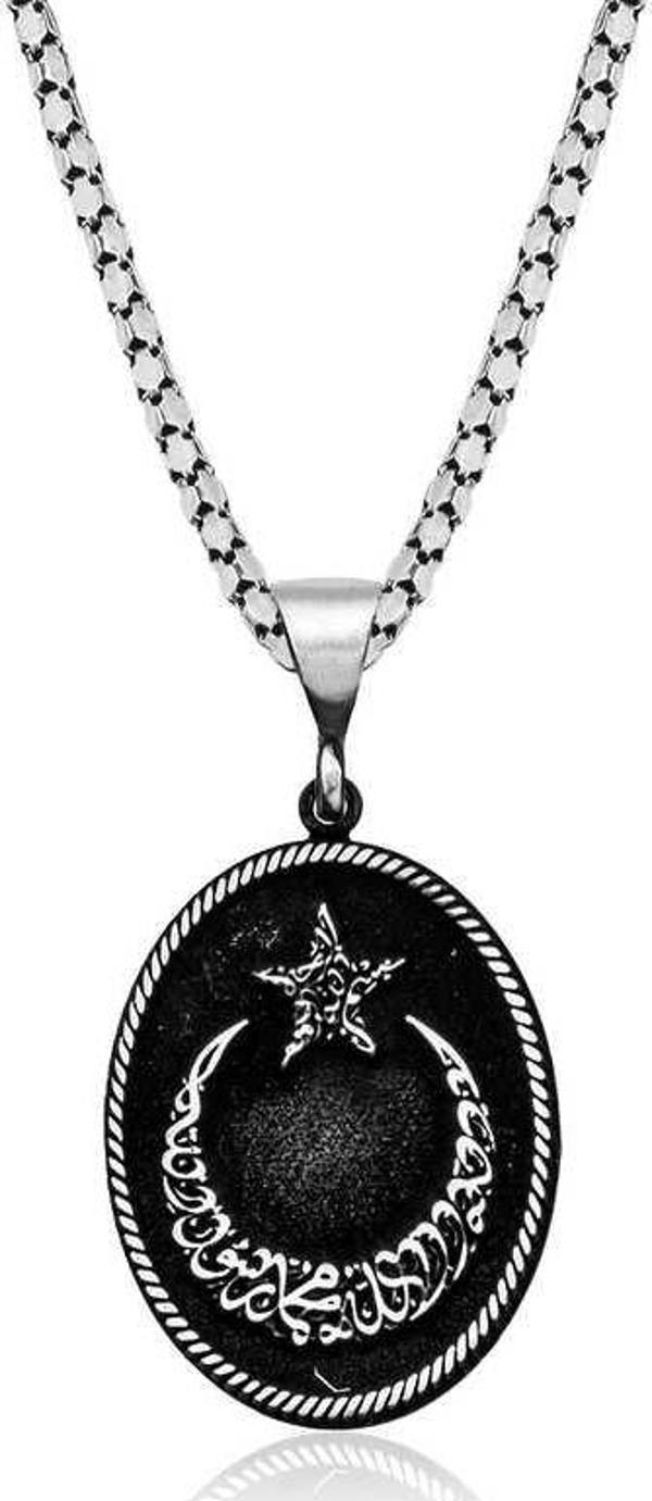 himarry 925 Ayar Gümüş Kelime-i Tevhid Yazılı Ay Yıldız Erkek kolye - Image 1