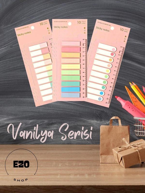 Ezoshop 3'lü Set Post It Sticky Notes Şeffaf Renkli Yapışkan Not Kağıtları Defter Yer Imleri Vanilya Serisi - Image 1
