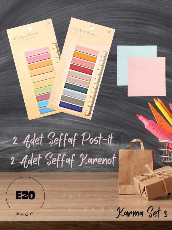 Ezoshop 4'lü Set Şeffaf Renkli Yapışkan Post İt Not Kağıdı Karenot Karma Set 3 - Image 1