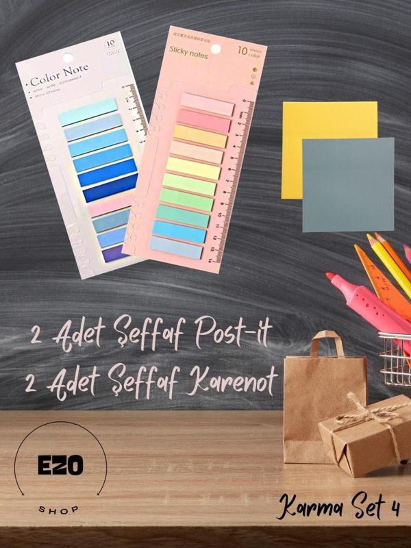 Ezoshop 4'lü Set Şeffaf Renkli Yapışkan Post İt Not Kağıdı Karenot Karma Set 4 - Image 1