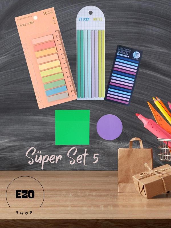 Ezoshop 5li Set Postit Uzun Kısa Serit Kare Daire Seffaf Yapiskanli Not Kagidi Kirtasiye Post it Superset-5 - Image 1
