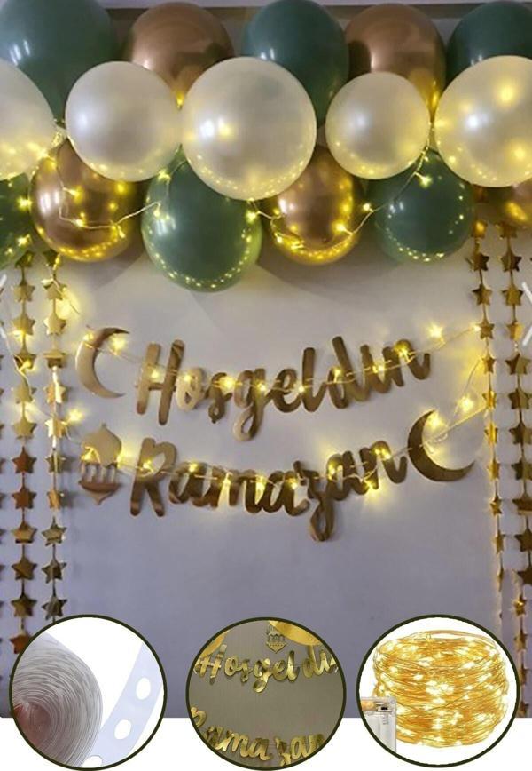 Hoşgeldin Ramazan Gold Yazı Ledli Zincir Balon Seti 11 Ayın Sultanı-Ramazan Süsleri - Image 1