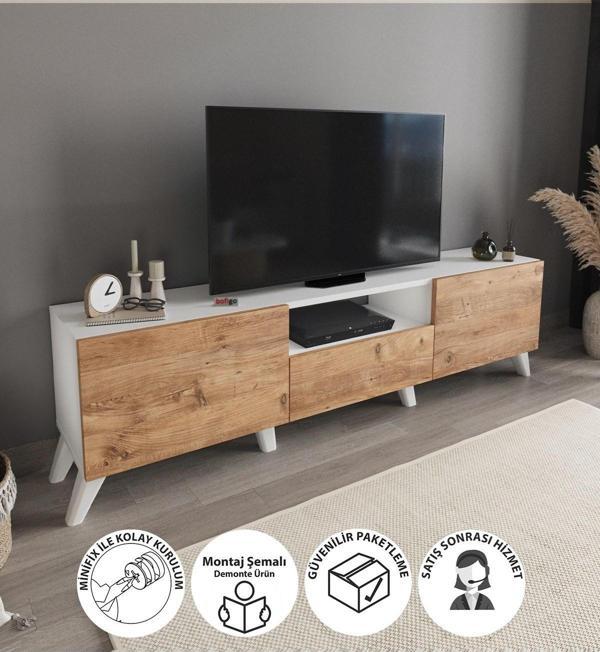 Bofigo TV Ünitesi 160 Cm TV Sehpası Düşer Kapaklı Tv Ünitesi Televizyon Sehpası Beyaz-Çam - Image 1