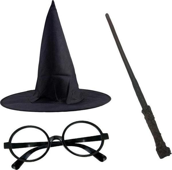 himarry Harry Potter Siyah Şapkası Harry Potter Gözlüğü Harry Potter Asası 3 lü Set - Image 1