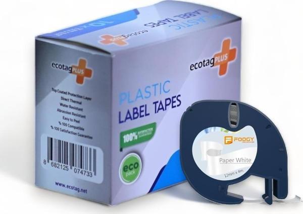 EcotagPlus Dymo Muadili Kağıt Şerit Etiket Beyaz 12 mm x 4 mt - 10 lu Paket - Image 1