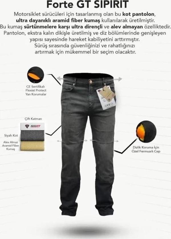 Forte Gt 1092 Spırıt Korumalı Motosiklet Kot Pantolonu 36 Xl Beden Siyah - Image 1