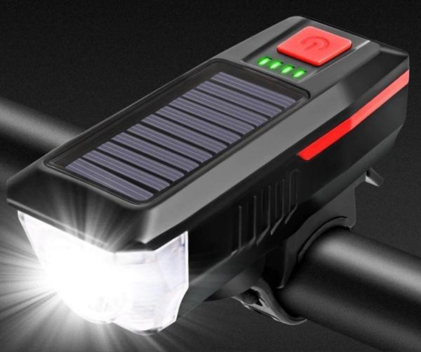Solar Enerjili Usb Ile Şarj Edilebilir Ledli Bisiklet Feneri Kornalı Ve Su Geçirmez Far - Image 1