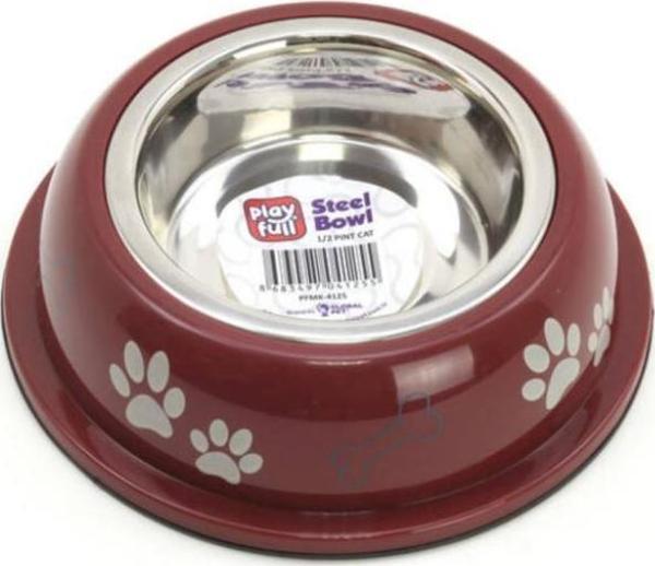Playfull Pati ve Kemik Desenli Plastik Çerçeve İçinde Çelik Mama ve Su Kabı Kauçuk Tabanlı 1/2 Pint Cat - Image 1