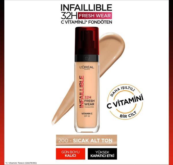 L'Oréal Paris Infaillible 32H Fresh Wear C Vitaminli Fondöten - 200 Natural Linen - Image 1
