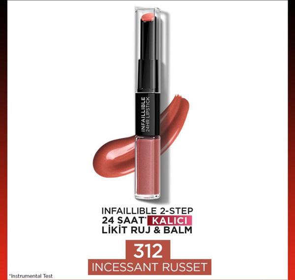 L'Oréal Paris Infaillible 2-Step 24 Saat Kalıcı Likit Ruj & Balm - 312 Incessant Russet - Image 1