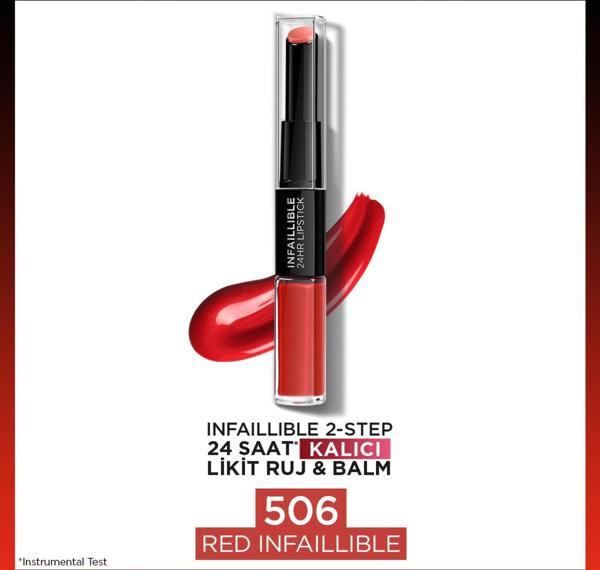 L'Oréal Paris Infaillible 2-Step 24 Saat Kalıcı Likit Ruj & Balm - 506 Red Infaillible - Image 1