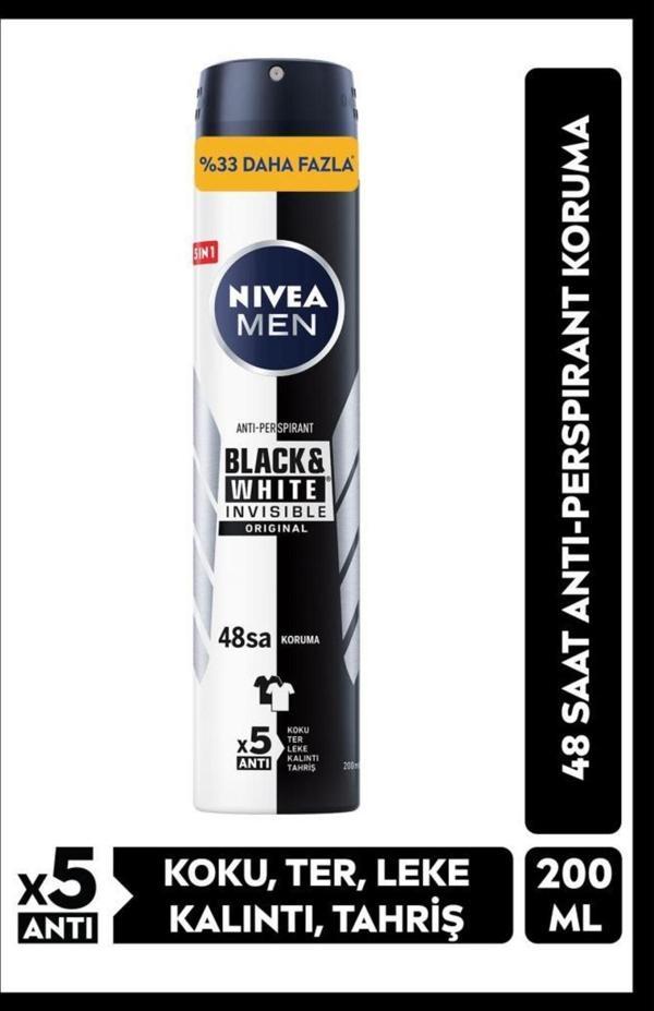 Men Erkek Sprey Deodorant Black&white Invisible Original 200ml, 48 Saat Anti-perspirant Koruma - Image 1