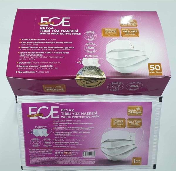 Ece Beyaz Tıbbi Maske Turkuaz Tekli Kağıt Ambalaj 50 Adet Etz-484 - Image 1