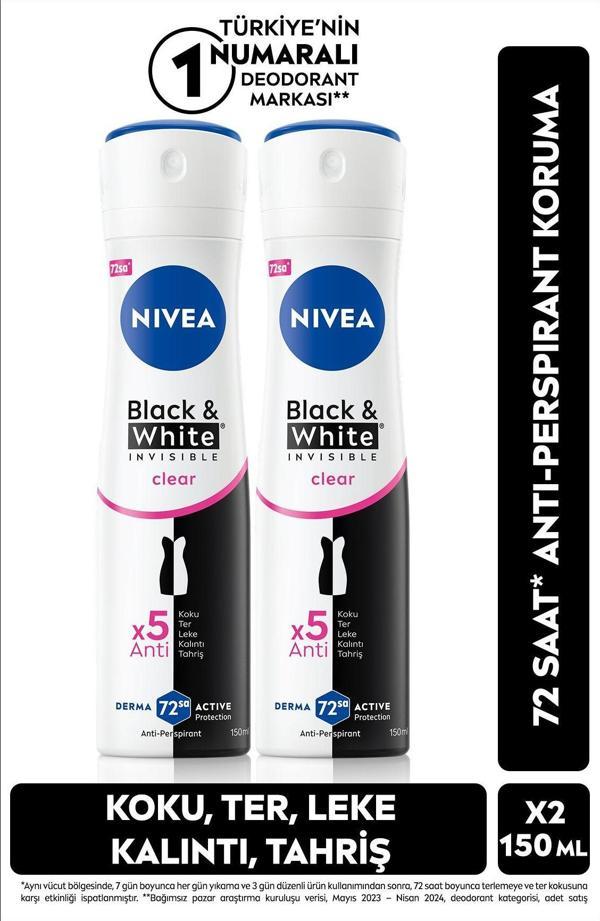 Kadın Sprey Deodorant Black&White Invisible Clear 150ml, 72 Saat Anti-perspirant Ter Koruma, X2 Adet - Image 1