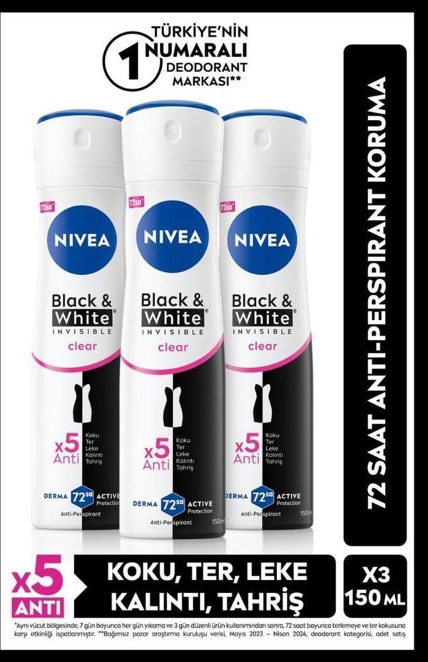 Kadın Sprey Deodorant Black&White Invisible Clear 150ml, 72 Saat Anti-perspirant Koruma, X3 Adet - Image 1