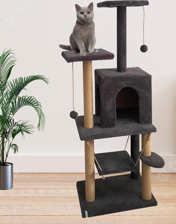 Nursoft Y-01 Salıncaklı Yuvalı Lüx Kedi Tırmalama Oyun Evi-Antrasit - Image 1