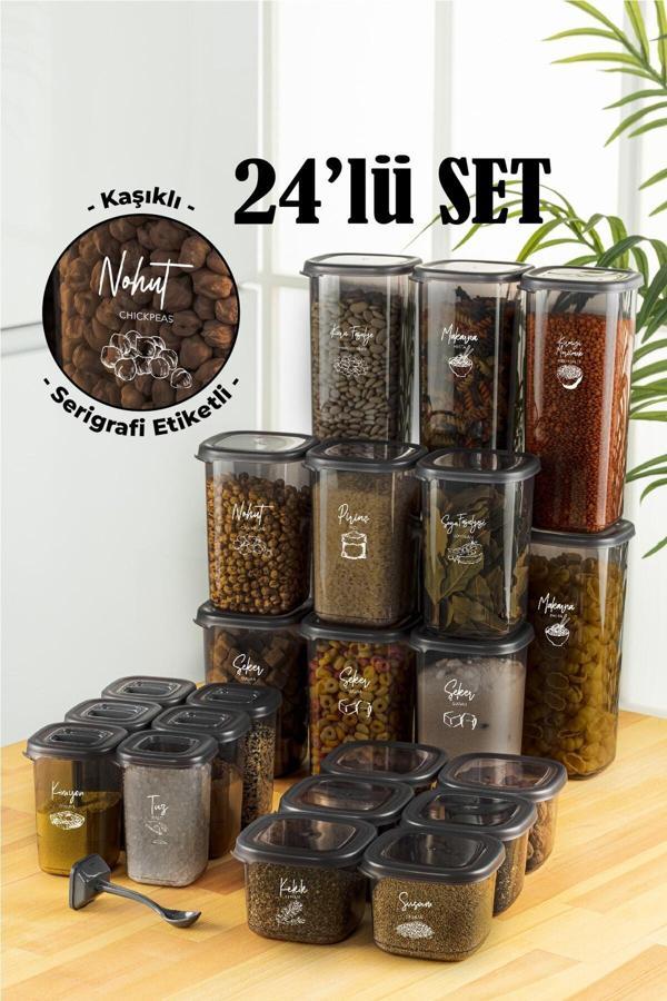 Vienev 24lü Beyaz Serigrafi Etiketli Kaşıklı Peggy Kare Erzak Baharat Full Set 6x(1,75 1,2, 0,55, 0,45) Ant - Image 1