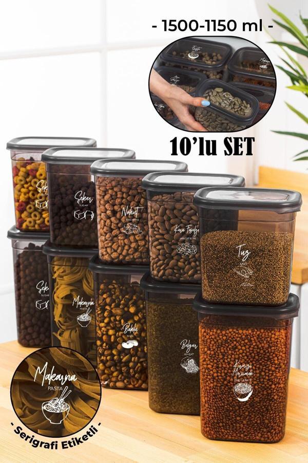 Vienev Beyaz Serigrafi Etiketli 10lu Peggy Dikdörtgen Saklama Kabı Seti 5x(1500-1150 Ml) Antrasit - Image 1