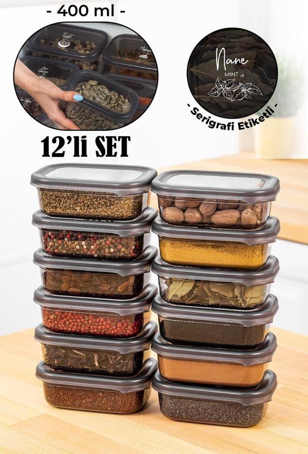Vienev Beyaz Serigrafi Etiketli 12li Peggy Dikdörtgen Baharat Saklama Kabı Seti 400 ml Antrasit - Image 1