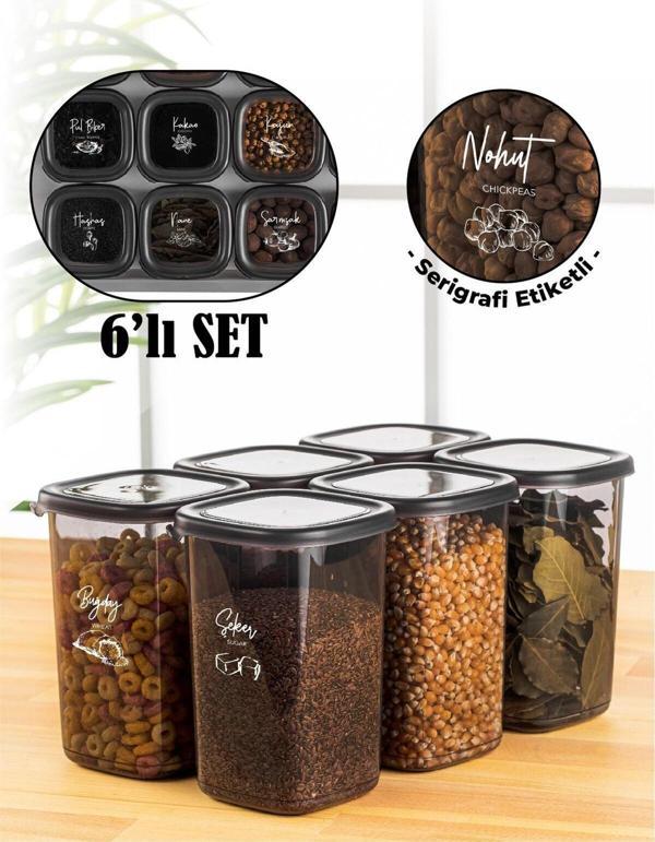 Vienev Beyaz Serigrafi Etiketli 6lı 1,2 Litre Peggy Kare Erzak Saklama Kabı Antrasit - Image 1