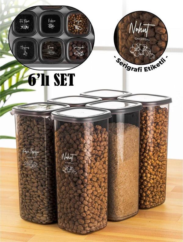 Vienev Beyaz Serigrafi Etiketli 6lı 1,75 Litre Peggy Kare Erzak Saklama Kabı Antrasit - Image 1