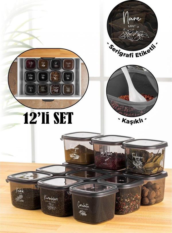 Vienev Beyaz Serigrafi Etiketli Kaşıklı 12li 0,55 Litre Peggy Kare Baharat Saklama Kabı Antrasit - Image 1
