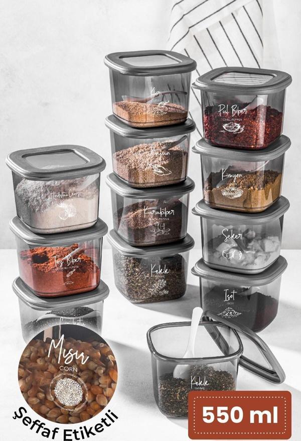 Vienev Beyaz Serigrafi Etiketli Kaşıklı Kare Erzak Saklama Kabı 12'li Set Küçük Boy 0,55 Litre - Image 1