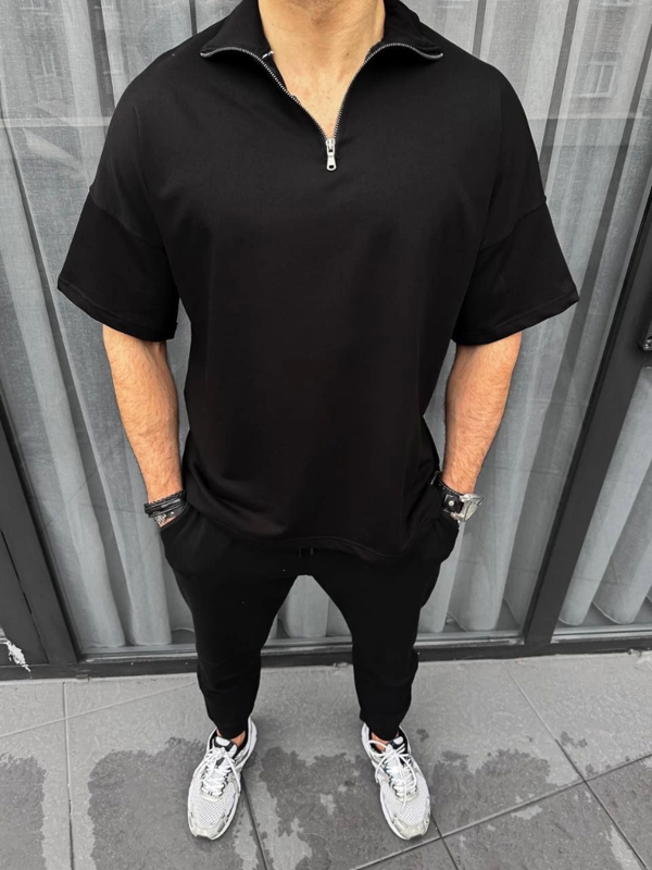 Unisex Yarım Fermuarlı Basic T-Shirt - Siyah - Image 1