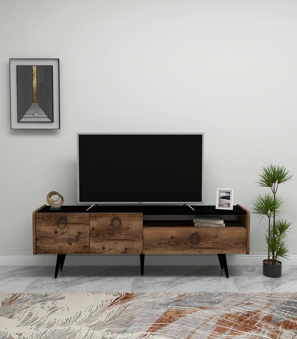 Arnetti Line TV Sehpası Dolaplı Raflı Modern TV Ünitesi Ceviz, Siyah - Image 1