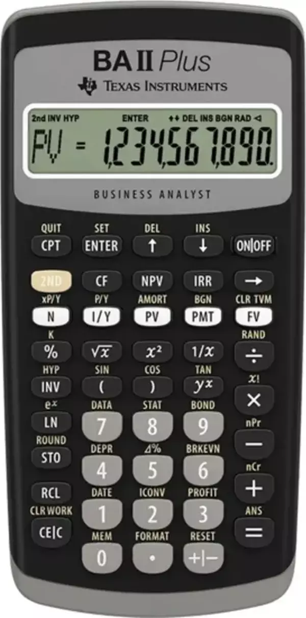TEXAS INSTRUMENTS BA II Plus finansal hesap makinesi (tek satırlı, 10 haneli ekran, pille çalışır) siyah-gri - Image 1