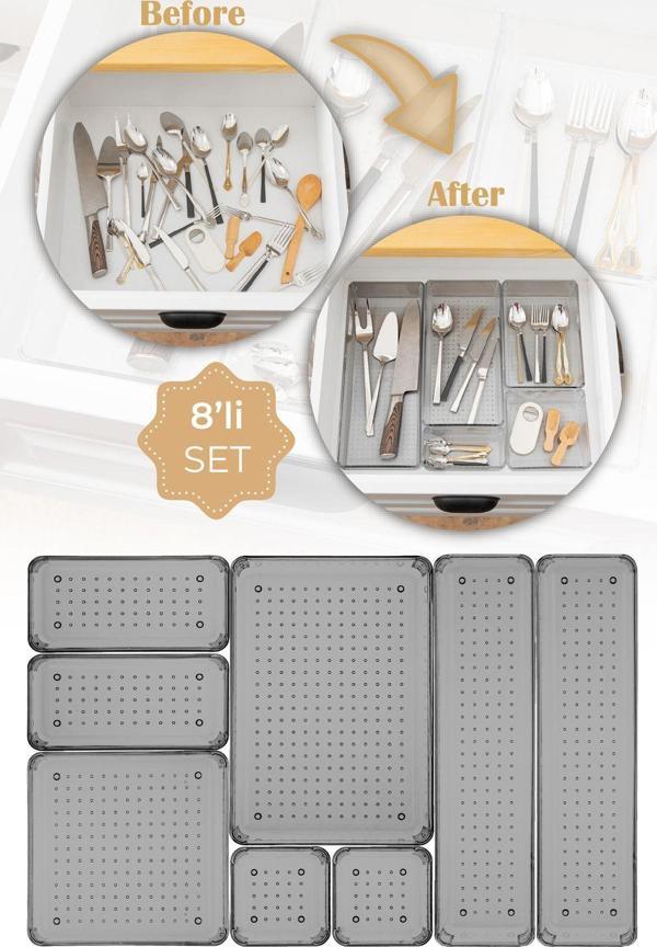 Vienev 8li Çekmece Içi Modüler Düzenleyici Organizer 2x(D.K.DKDRTGN K.KARE) 1x(O.DKDRTGN B.KARE) - Image 1