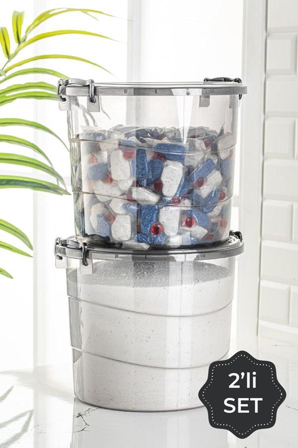 Vienev Mega Boy 2li Yuvarlak Kulplu Deterjanlık Saklama Kutusu Kabı - Un Bakliyat Kabı 7 Litre Antrasit - Image 1