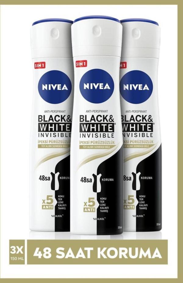 Nivea Kadın Sprey Deodorant Black & White Invisible I?Peksi Pürüzsüzlük,48Saat Koruma 150Mlx3 - Image 1