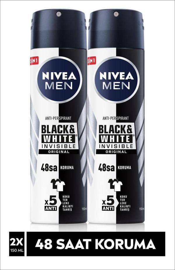 Nivea Men Erkek Sprey Deodorant Black & White Invisible Original 150Mlx2Adet Anti-Perspirant, 48 Saat Koruma - Image 1