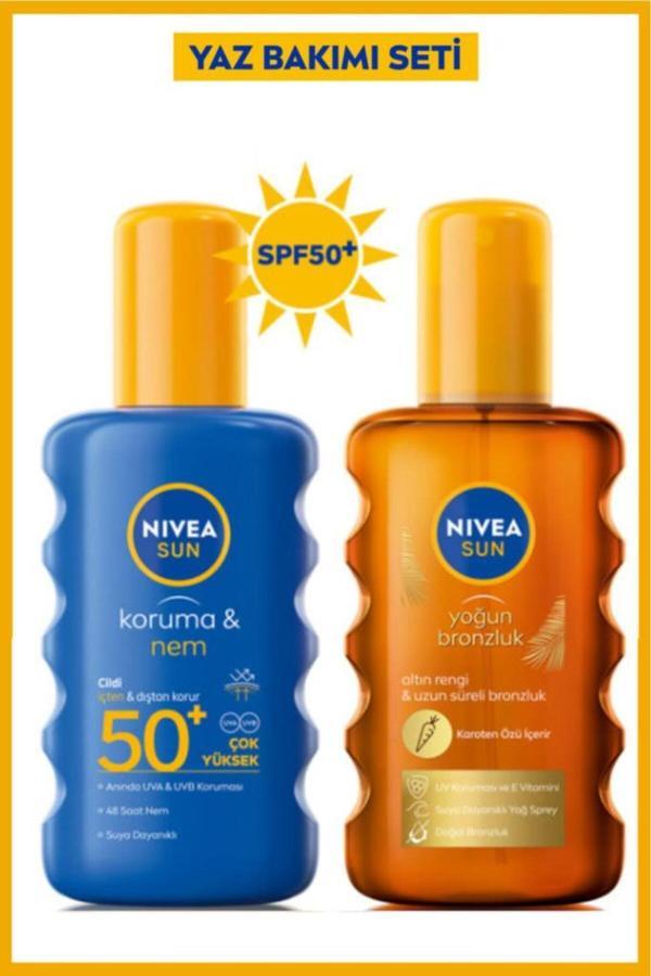 Sun Güneş Koruyucu Sprey Spf50 200ml, Karoten Bronzlaştırıcı Güneş Yağı 200ml, Ikili Yaz Seti - Image 1
