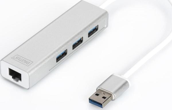 Digitus 3 Port USB 3.0 Hub &amp; USB 3.0 Gigabit Ethernet Adaptörü, 1 x 10/100/1000 RJ45 Dişi Yuva,  - Image 1