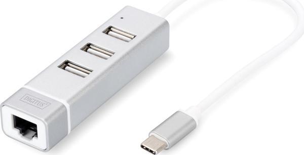 Digitus 3 port USB Tip C Hub &amp; Fast Ethernet LAN Adaptörü, 3 x USB A/Diş (USB 2.0), 1 x RJ45 Diş - Image 1