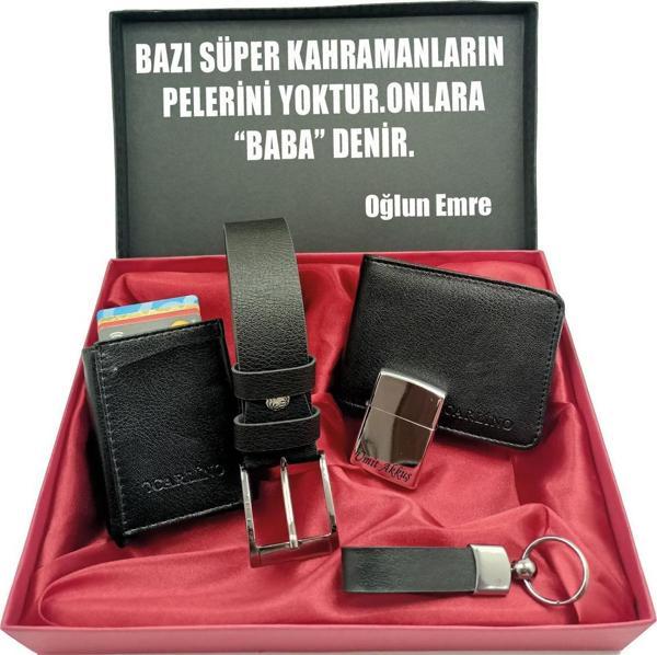 BABALAR GÜNÜNE KİŞİYE ÖZEL SET kemer, cüzdan, mekanizmalı kartlık, anahtarlık çakmak kutulu set - Image 1
