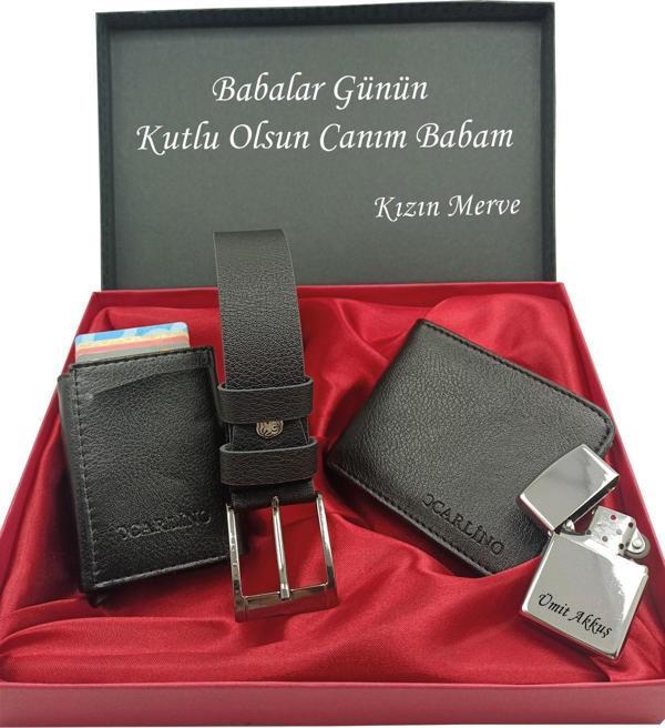 BABALAR GÜNÜNE KİŞİYE ÖZEL SET kemer, cüzdan, mekanizmalı kartlık, çakmak kutulu set - Image 1