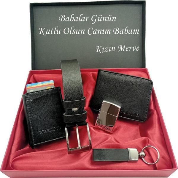 BABALAR GÜNÜNE KİŞİYE ÖZEL SET kemer, cüzdan, mekanizmalı kartlık, çakmak, anahtarlık kutulu set - Image 1