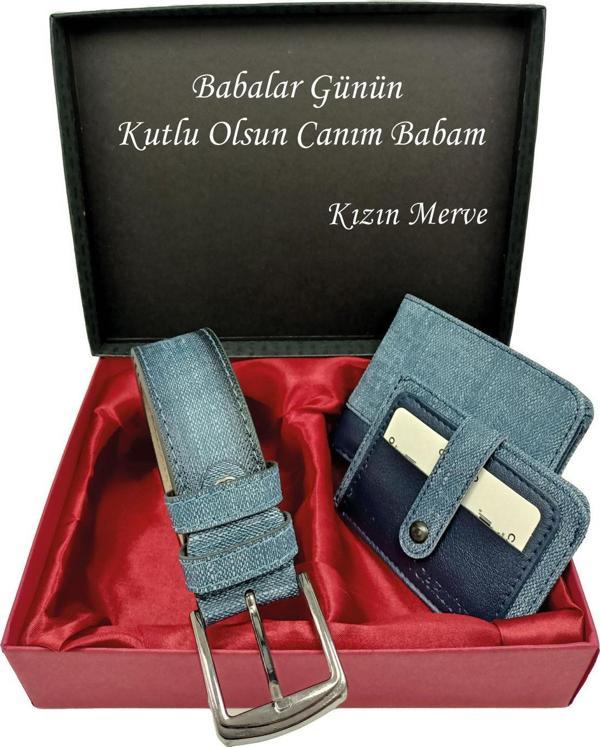 BABALAR GÜNÜNE KİŞİYE ÖZEL SET kot kemer, kot cüzdan, kot kartlık,özel kutulu set - Image 1