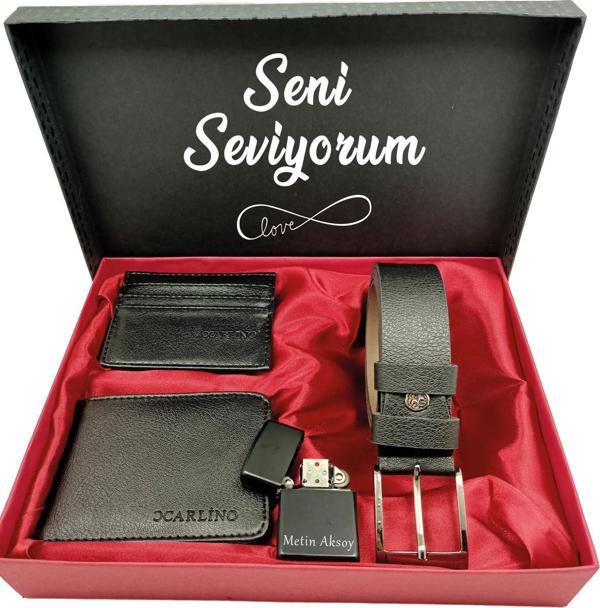 SEVGİLİLER GÜNÜNE KİŞİYE ÖZEL SET kemer, cüzdan, kartlık, çakmak, özel kutulu set - Image 1