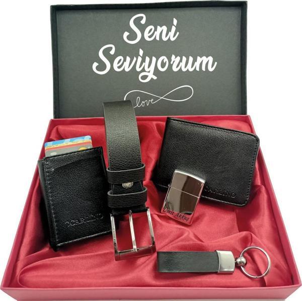 SEVGİLİLER GÜNÜNE KİŞİYE ÖZEL SET kemer, cüzdan, mekanizmalı kartlık, çakmak, özel kutulu set - Image 1