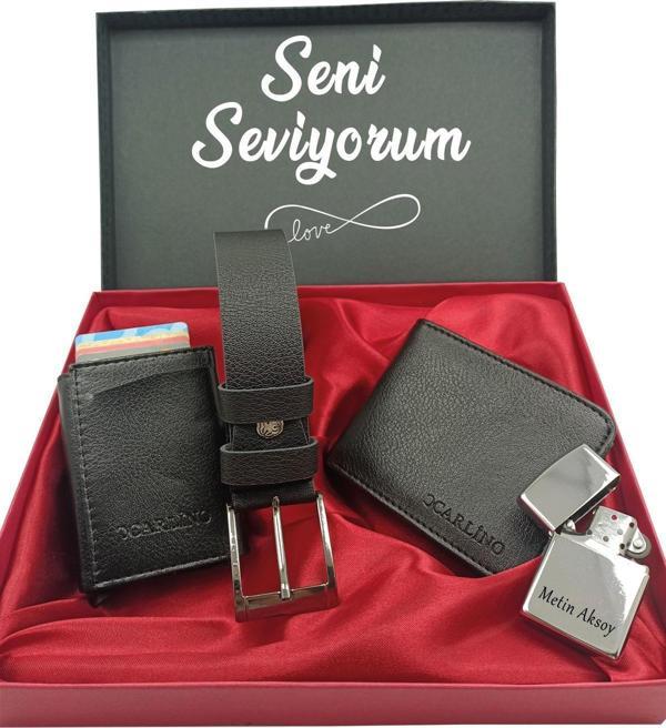 SEVGİLİLER GÜNÜNE KİŞİYE ÖZEL SET kemer, cüzdan,mekanizmalı kartlık,çakmak özel kutulu set - Image 1