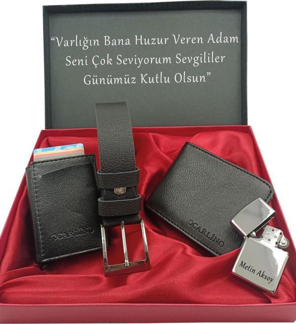 SEVGİLİLER GÜNÜNE KİŞİYE ÖZEL SET kemer, cüzdan,mekanizmalı kartlık,çakmak özel kutulu set - Image 1
