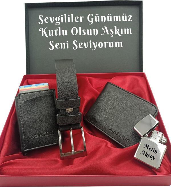 SEVGİLİLER GÜNÜNE KİŞİYE ÖZEL SET kemer, cüzdan,mekanizmalı kartlık,çakmak özel kutulu set - Image 1